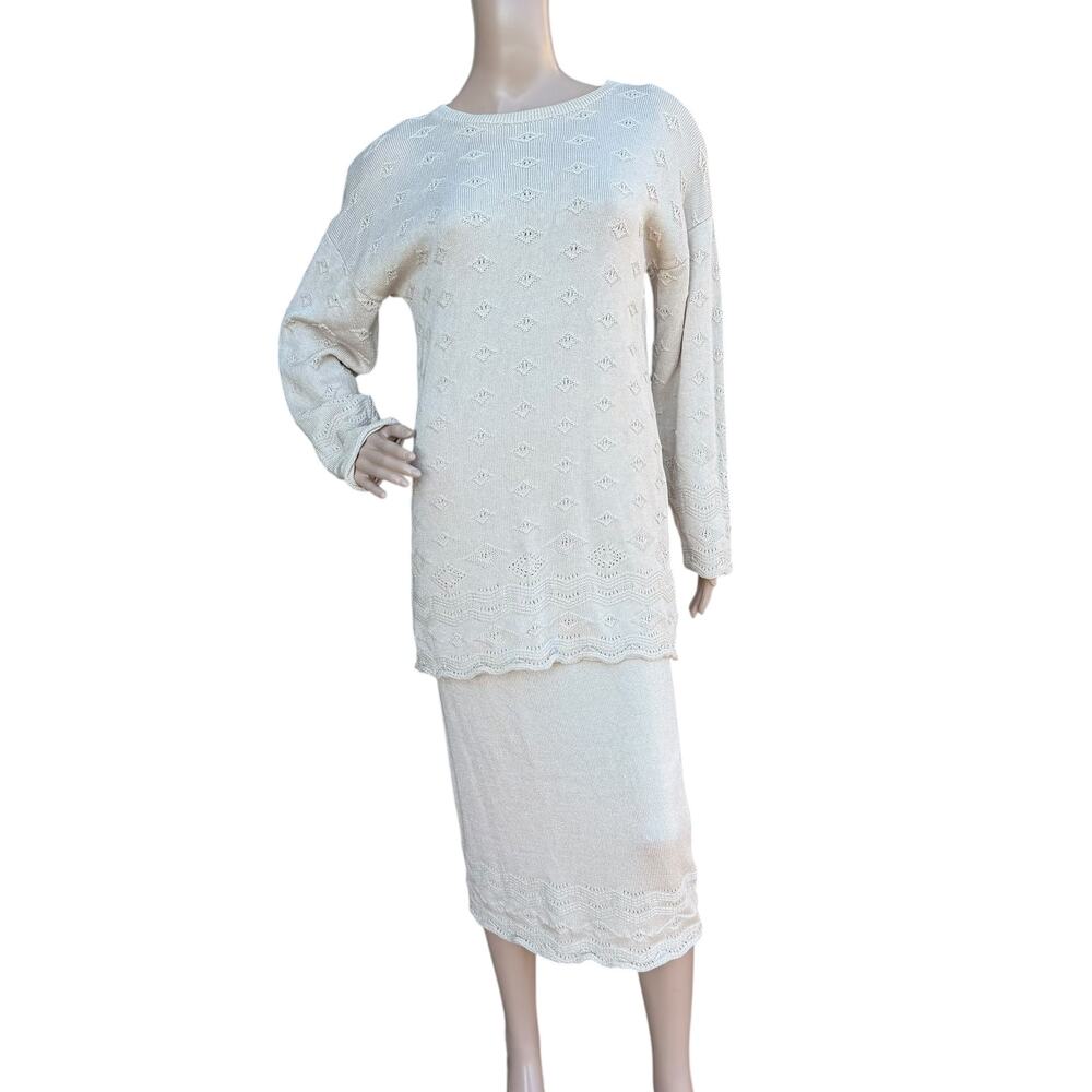 ST JOHN SPORTSWEAR Tan Cream Knit Skirt Suit 2pc Set Sweater Midi Pencil Size M
